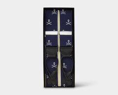 Navy & White Skull & Crossbones Barathea Black Leather End Braces