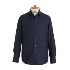 Denim Blue Herringbone Wool Cotton Blend Shirt - New
