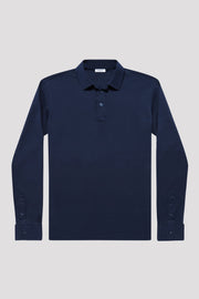 Flatlay of men's Inkwell Navy long sleeve polo shirt made from Egyptian Mako cotton