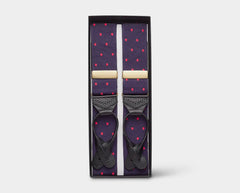 Navy & Red Spot Barathea Black Leather End Braces